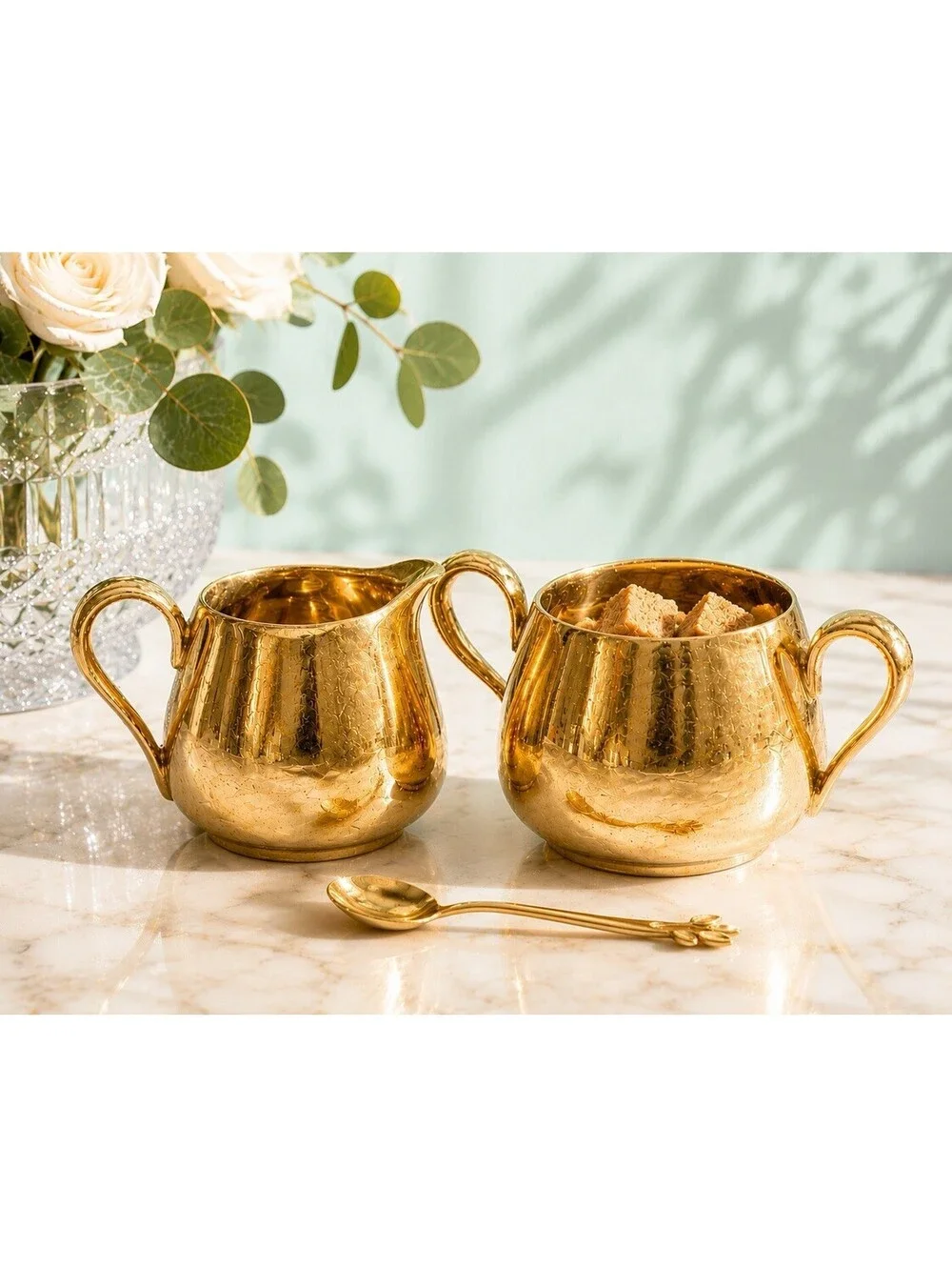 Royal Crown China LBC USA 1950s 22kt Gold Creamer Sugar Bowl Set, 3x2.75”